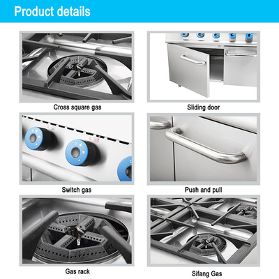 Gas Powered Heavy Duty Hotel Cooking Range con forno SS304 costruzione per la produzione alimentare su larga scala.