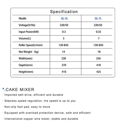 Miscelatore di torte commerciale stabile con potenza 0,35KW 7L Volume 0,5KG/h Capacità 14KG N.W