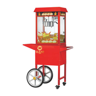 Produttore di popcorn commerciale con carrello di visualizzazione.
