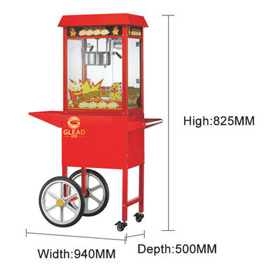 Produttore di popcorn commerciale con carrello di visualizzazione.