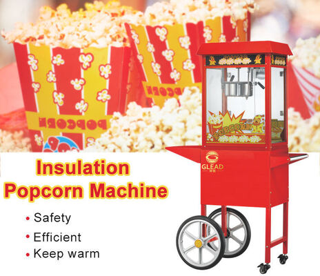 Produttore di popcorn commerciale con carrello di visualizzazione.